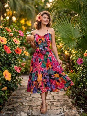 Vintage 80s Foxy Lady Rockabilly Tiki Dress 12 Floral Halter Ruffle Sun Dress